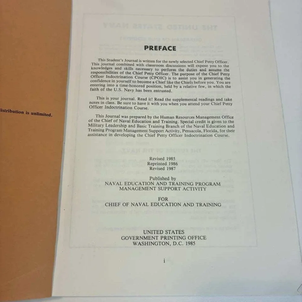 1985 US Navy CPO Indoctrination Course Manual Chief Petty Officer Military